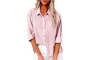 HAOLEI Chemise Femme Coton Et Lin Chemisier Col en V Bouton Manches Longues Tops Couleur Unie LâChe Respirant T-Shirts Grande Taille Pas Cher Casual Coton Lin Tunique Blouse
