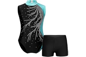 Oyolan Enfant Fille Justaucorps Gymnastique Strass Imprimé avec Short Gym Danse Patinage Entraînement Performance Costume Spectacle 5-16 Ans