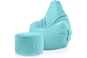 ‎GREEN BEAN Green Bean 2er Set Sitzsack + Hocker - fertig befüllt - robust waschbar schmutzabweisend - Kinder & Erwachsene Bean Bag Bodenkissen Lounge Sitzhocker Relax-Sessel Gamer Gamingstuhl Pouf - Aquamarin