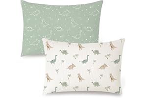 Konssy Musselin-Kissenbezug für Kleinkind-Kissenbezüge für 33 x 45 cm, 100% Baumwolle, weich und atmungsaktiv, Reise-Kissenbezüge mit Hotelverschluss (Dino Dschungel, Salbei Dino)