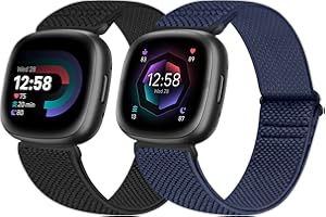 Enkic 2 Pack Elastic Watch Strap Compatible With Fitbit Versa 4/Sense 2, Adjustable Nylon Loop Sport Stretchy Replacement Wristband for Men Women, Black+Indigo