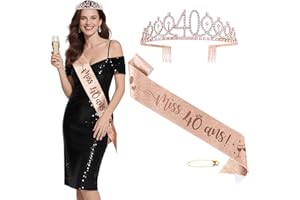BOOMTOP 40ans Anniversaire Décoration Écharpe Joyeux Anniversaire Miss 40 ans et Couronne Diamant Strass Femme Tiare de Couronne Or Rose Happy Birthday Cadeau pour Fête Anniversaire Célébration Femme
