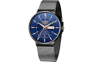 LIGE Men's Watches Black Ultra Thin Minimalist Fashion Wristwatches for Men Business Dress Waterproof Casual Watch for Man with Stainless Steel Mesh Watch