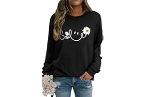 Yihelian Damen Sweatshirt mit Gänseblümchen Muster Weicher Rundhals Pullover aus Baumwolle Lässiges Blumen Shirt Bequemes Frauen Oberteil