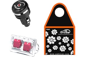 AMBICAR - Ambientador eléctrico para COCHE. Pack Inblack Nº3 (Difusor+Recambio FRUTOS ROJOS + Bolsa Ecológica) Esencia Natural, SIN Alcohol ni Químicos. Fragancia fresa + bolsita para guardar cosas