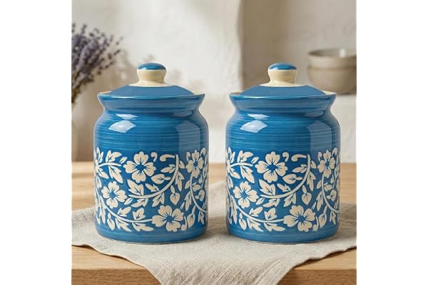 Ceramic Handmade Pickle Jars in 1000ml (set of 2) Handpainted Floral Bale 1 kg Achaar Martban Ceramic Jadi for Kitchen Storage (Set of 2) Jars for Achar, Spices, Salt (Floral SkyBlue Bale)