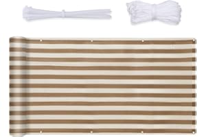 Sekey Balkon Sichtschutz Balkonabdeckung HDPE 220 g/m², 120x500cm, Leicht Transparent Wind- und UV-Schutz Wetterfest, mit Ösen, Nylon Kabelbinder und Kordel, Braun-Gelb Gestreift