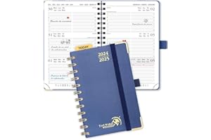 POPRUN Agenda 2024 2025 Pequeña 16 x 10,5cm, Tapa Dura Agenda Semana Vista A6, 17 Meses de Ago.2024 - Dic.2025, Regla de Plástico, 80 GSM Papel Certificado FSC®, Azul Marino