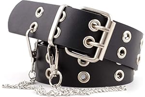 KorhLeoh Cintura Punk Rock Per Donna Uomo, Cintura In Pelle Con Doppio Occhiello Con Catena Staccabile (Larghezza 3,8 Cm)