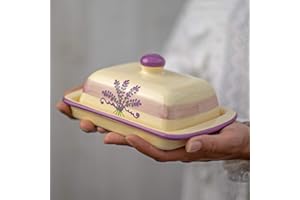 City to Cottage® Mantequera de Cerámica Cubierta con Tapa Patrón Lavanda Hecha y Pintada a Mano en Morado y Crema
