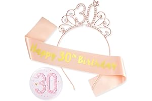 Juexica 3-Piece Rose Gold Birthday Decorations Set - Happy 30th Birthday Badge, Sash & Crown for Women