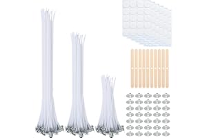 OKTAYOCUM 100 Pcs Candle Wicks (4/6/8 inches), with 10 Wooden Sticks, 100 Pcs Stickers, and 100 Stainless Wax Wick Holders, Candle Wick Set for Candle Making and DIY Project