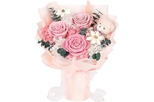 Konserviertes Blumenstrauß mit Bär, 3 Echte Ewige Blumen zur Lieferung, Langanhaltender Rosa Rosenstrauß, Geburtstagsgeschenke für Frauen, Mutter, Ehefrau, Sie