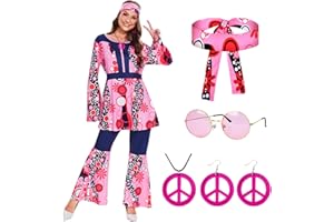 JONRRYIN Déguisement Hippie Femme, Costume Hippie Femme Année 70 80, Costume d'Carnaval avec Bandeau, Collier, Boucles d'Oreilles et Lunettes, Deguisement Chic Élasticité Femme Carnaval (L)