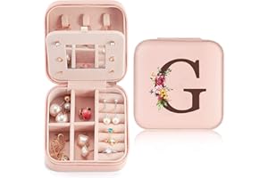 SINEKONG Portagioie da viaggio, piccolo con iniziale G e fiore, in pelle PU, mini portagioie per donne e ragazze, regalo per compleanno, Natale, festa della mamma