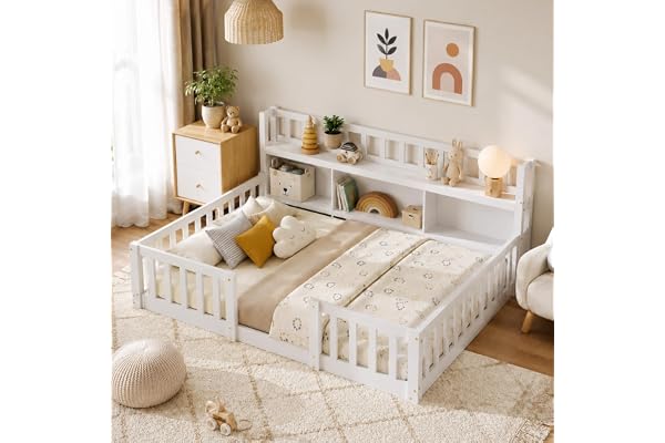 AZJSAHAH Golvsäng 140 x 200 med fallskydd, och ribbotten, barnsäng trä, 140 x 200 med förvaringsutrymme, Montessori-säng, bar