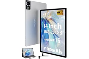 MAXLEGEN Tablet 14 Zoll, 2.5K Touch Display, 36GB RAM+256GB ROM 1TB TF SIM Tablet, 4G LTE+5G WiFi, Android 15, Octa-Core, 4 Lautsprecher, 13MP, 11580mAh, GMS, GPS, Tablets mit Pen/Hülle/Kopfhörer
