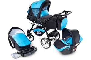 GaGaDumi Urbano 3-in-1-Kinderwagen mit Autositz – Komplettset TÜV mit Gummireifen – Blau / Schwarz