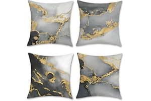 Bonhause Grey Marble Cushion Covers 45 x 45 cm Double Sided Black Gold Abstract Art Modern Decorative Throw Pillow Covers for Sofa Bed Home Patio Decor Set of 4
