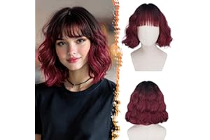 BARSDAR Parrucca Breve Ondulata Ombre Rosso con Frangia, Breve Parrucca Bob per Donna Ricci Ondulati French Bob Parrucche con Frangia Sintetici Aspetto Naturale Capelli Parrucche Quotidiano Festa