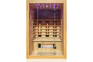 Dewello® Infrarotkabine Infrarotsauna Milton 135x105 für 1-2 Personen aus Hemlock Holz mit Vollspektrumstrahler, LED-Farblicht Sternenhimmel und Steinwand, Bluetooth, FM,MP3,USB