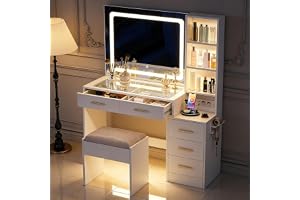 Sminkbord 110 cm med LED-spegel, 5 lådor och laddningsstation för sovrum