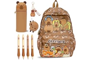 SWZY Capybara Backpack School Bag with Stationery Set 8pcs, Cartoon Animal Large Capacity Backpack,Kawaii 2 in 1 Stand Up Pen Holder Pouch,Kapibara Erasable Pen Keychain Stationery Supplies for Kids