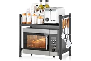 DICLLY - 2 Niveaux Support de Four à Micro-Ondes Extensible Acier au carbone ,Etagere Rangement avec 6 Crochets,pour Cuisine et Rangemen