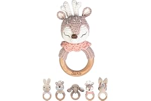 wunderwunsch® - Personalisierter Beißring Baby - Niedlicher Greifling für Baby's ab 0 Monate - Babyrassel mit Name als Baby Geschenk für Mädchen und Jungen (Reh mit rosa Kragen,ohne Gravur)