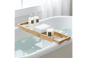 LKH HOME COLLECTION LKH Bamboo Wooden Bath Caddy Tray - Strong & Durable, Prevents Spills, & Water-Resistant Bathtub Tray for Across the Bath | Luxury Bath Shelf for Relaxation, Reading & Drinking - Gift Idea