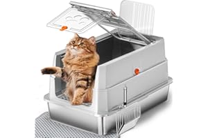 LOBEVE Kuweta dla kota ze stali nierdzewnej, duża zamknięta kuweta o 165°, z metalową szufelką i matą dla kota (jasnoszara)