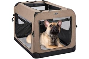 Veehoo Folding Soft Dog Crate, 3-Door Pet Kennel for Crate-Training Dogs, 5 x Heavy-Weight Mesh Screen, 600D Cationic Oxford Fabric, Indoor & Outdoor Use, 24", Beige Coffee
