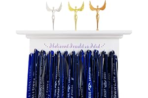 White Medal Hangers Display and Trophy Shelf with 23 Strong Ribbon Hooks, Wooden Medal Holder for Wall Showcase Running Award Honors, Motivating Gifts for Sports Enthusiast