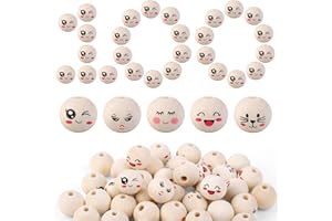 ACIELANNA Holzkugeln mit Gesicht, 100 Stück Holzperlen mit Gesicht 20mm, 5-Stile Natur Smiley Holzkugeln mit Loch für DIY Bastelarbeiten Dekorationen, Glückswürmchen, Sorgenwürmchen