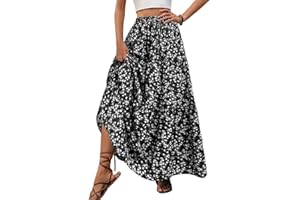 EMOTTOS Maxi Skirt, Summer Ladies Skirts Floral Print with Drawstring, Bohemian Long Skirt Elastic High Waist Pleated Ruffle Flowy Swing Skirt Vintage, Blue S-XL