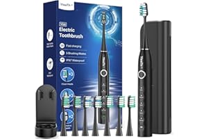 YTEATH PRO Brosse À Dent Électrique Soniques Adulte avec 8 Têtes - Brosse A Dent Sonique Adulte avec Étui de Voyage, 5 Modes, Étanche IPX7, Brosse A Dent Electrique de Voyage Rechargeable, Noir Mat