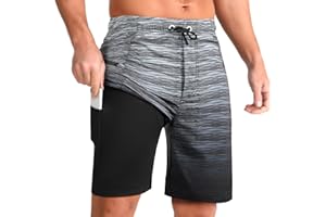 iCKER Men's Swimming Shorts with Compression Liner 2 in 1 Swimming Trunks Quick Dry 9 inch Inseam Board Shorts with Zipper Pockets