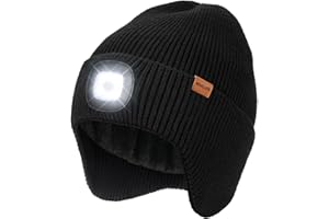 Wmcaps Mütze mit LED Licht und Ohrenklappen, Type-C Beleuchtete Wintermütze Herren, Strickmütze Herren mit Lampe, Warme Stirnlampe LED Wiederaufladbar, Praktisches Geschenk für Frauen und Männer