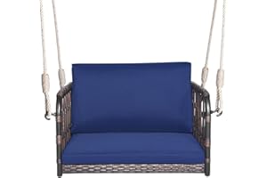 SFAREST Porch Swing Chair, Metal Frame Rattan Hammock Chair with Back & Seat Cushion, Indoor Outdoor Single Wicker Hanging Seat for Living Room Patio Backyard Balcony (Navy+Mix Brown, 78 x 62 x 38cm)