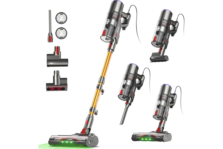 FamiVac FV2 Aspirapolvere con Filo, 65Kpa/600W Scopa Elettrica Potente con Spazzola per Materasso, 1,3KG Ultra-Leggero, Cavo 7M, 1,5L, Antigroviglio & Autoportante per Tappeti/Pavimenti/Peli Animali