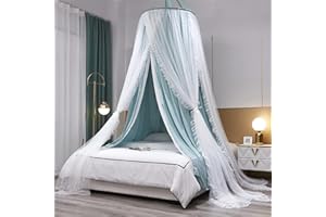 HUOQOU Doppelschicht Prinzessin Runde Kuppel Baldachin Bett Vorhang für Mädchen Erwachsene Kinder verträumte Moskitonetz Nette Schlafzimmer Dekoration Schloss Spielen Zelt Leseecke (Grün/Weiß)