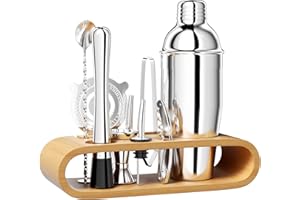 Newpop 750 ML cocktail set, 10 stück edelstahl shaker mixer mit Holzständer, professionelle barkeeper zubehör, mit doppel messbecher, löffel, Pourer, mischen getränken, zuhause, bar, party (Silber)