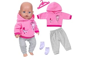 XERTEAM Puppenkleidung, Baby Puppen 35-46 cm Kleidung für New Born Baby Puppen Junge und Mädchen, 1 Giraffen-Hoodie + 1 Graue Hose + 1 Paar Weiße Socken + 1 Kleiderbügel, Pink Kleidung Geschenke für Kinder