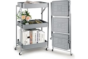 Todeco Klappbarer Rollwagen, mobiler Trolley mit 3 Ebenen, Küchenwagen, Keine Montage, 46 x 29 x 78 cm, für Küche, Büro, Bad, Garderobe (Grau)