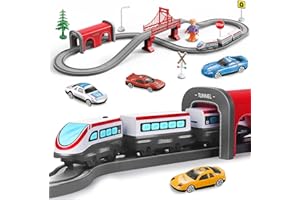 BEGINREALLY Lot de 67 Trains électriques pour enfants - Jouet avec fonctionnement sonore et image - Huit pistes magnétiques - Cadeau de Noël d'anniversaire pour garçons et filles de 3, 4, 5, 6, 7, 8 ans - Rouge