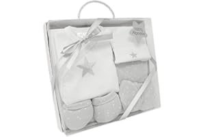DUFFI BABY | Set Primera Puesta Bebe Recien Nacido 5 Piezas - Set Regalo Bebe Conjunto Primera Puesta, Chaquetita, Polaina, Gorro, Babero y Manoplas - Ropa Bebé 100% Algodon Color Gris