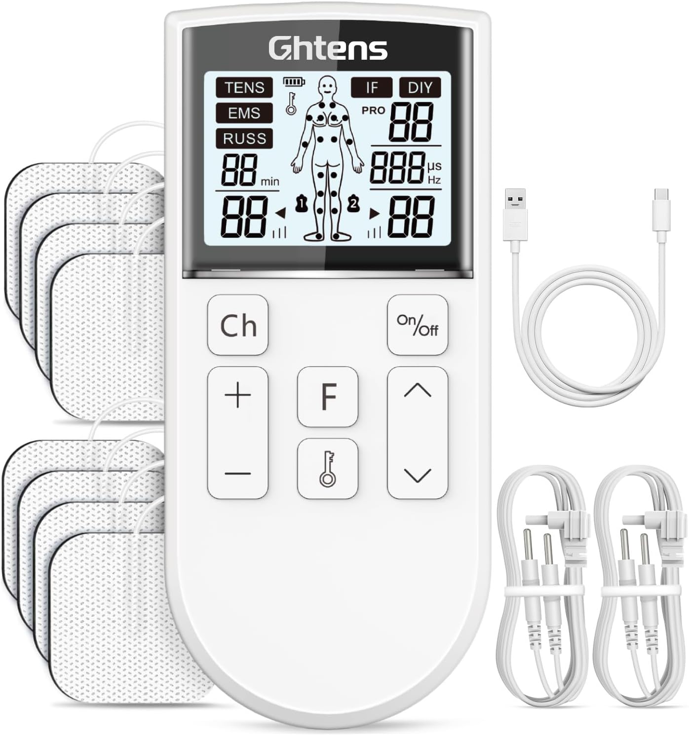 GHTENS 5 en 1 Electroestimulador Muscular‌ Profesional, Recargable 80 Modos de Estimulación, Con Función TENS/EMS/RUSS/IF/DIY y Masaje, 2 Canales, 16 Intensidad, Para el Alivio del Dolor (Blanco)