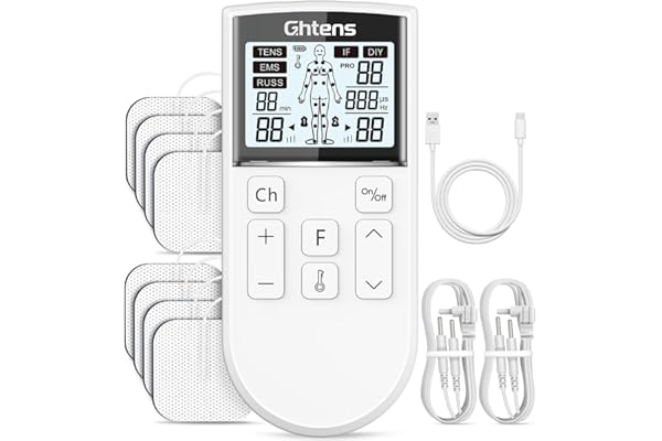 GHTENS 5 en 1 Electroestimulador Muscular‌ Profesional, Recargable 80 Modos de Estimulación, Con Función TENS/EMS/RUSS/IF/DIY y Masaje, 2 Canales, 16 Intensidad, Para el Alivio del Dolor (Blanco)