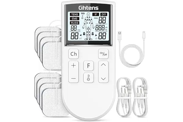 GHTENS 5 en 1 Electroestimulador Muscular‌ Profesional, Recargable 80 Modos de Estimulación, Con Función TENS/EMS/RUSS/IF/DIY y Masaje, 2 Canales, 16 Intensidad, Para el Alivio del Dolor (Blanco)