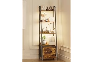OUTONLIFE 5-Tier Ladder Shelf, Bookshelf with LED Light & Drawer, Narrow Freestanding Bookcase, Industrial Display Shelves with Metal Frame, Wooden Storage Shelving Unit for Living Room, Bedroom